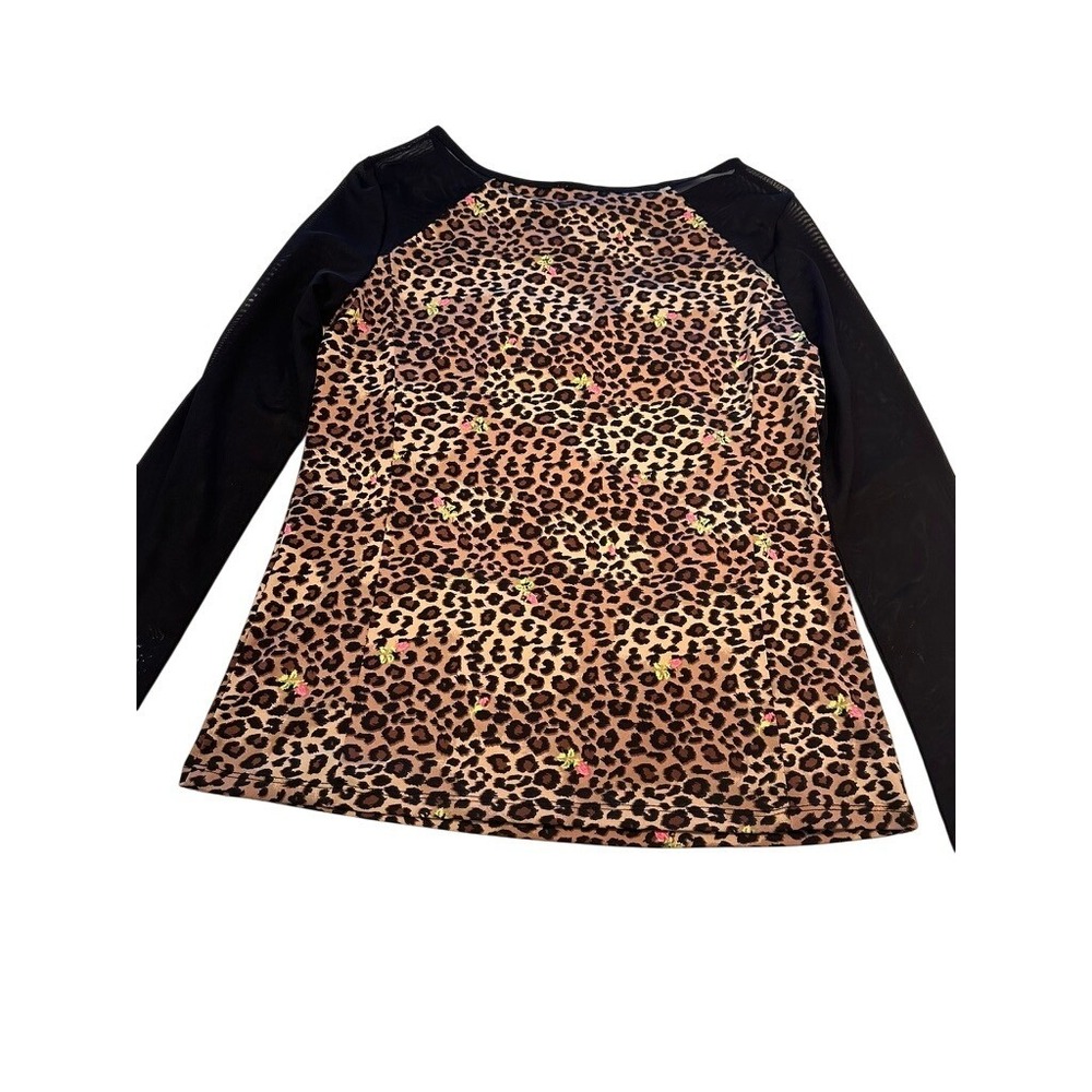 Betsey Johnson Leopard Floral Mesh Long Sleeve Top Brown Black Size M - Picture 3 of 6